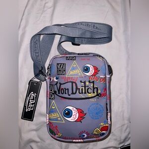 Von Dutch Gray Graphic Logo Crossbody Bag with Multicolor Prints